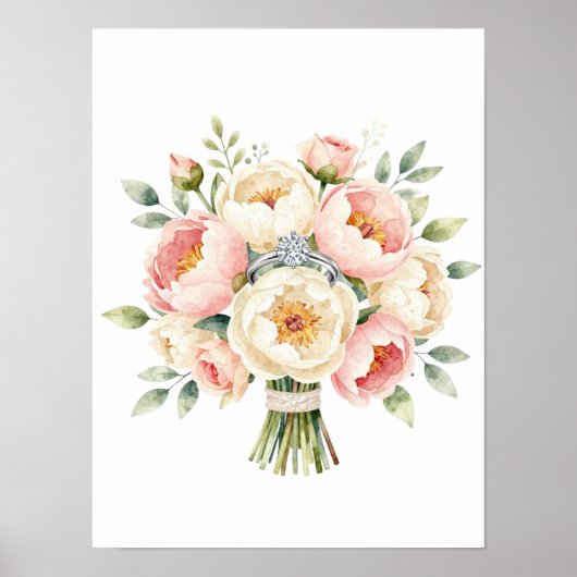 Romantischer Pfingstrosenstrauß mit Diamantring Poster (Vorne)
