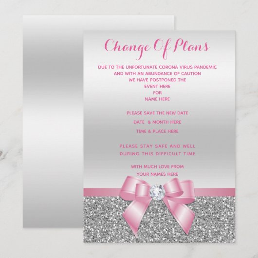 Romantischer Pink Bow & Silver Glitzer Plan Einladung (Vorne/Hinten)