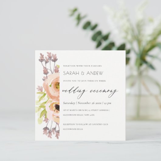 ROMANTISCHER PINK, LILA, BLUE FLORAL SCRIPT WEDD EINLADUNG (Stehend Vorderseite)