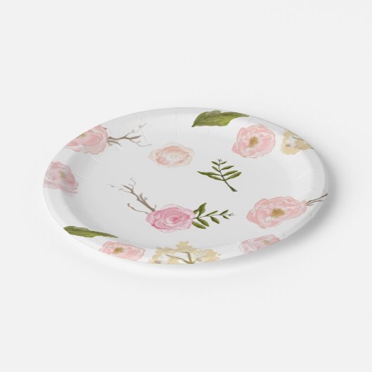 Romantischer Pink Wasserfarben Garten Blumen Pappteller (Schrägansicht)