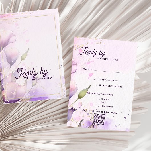 Romantischer QR-Code Lavendel Gold Blumenhochzeit RSVP Karte