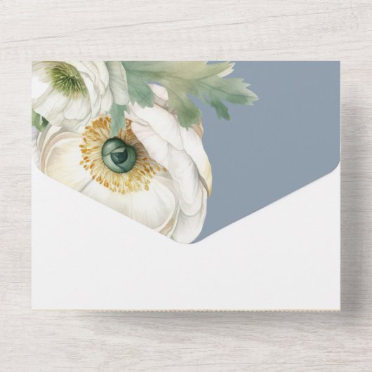 Romantischer Ranunculus auf Dusty Blue All In One Einladung (Rückseite)