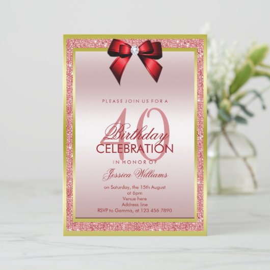 Romantischer Red Bow & Funkelnd Glitzer 40. Geburt Einladung (Stehend Vorderseite)