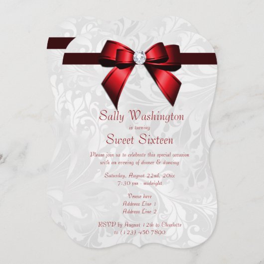 Romantischer Red Diamond Bow & Damask Sweet 16 Einladung (Vorne/Hinten)