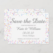 Romantischer Regenbogen Confetti Save the Date Ankündigungspostkarte (Vorne/Hinten)