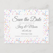 Romantischer Regenbogen Confetti Save the Date Postkarte (Vorderseite)