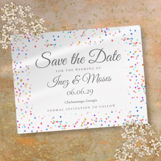 Romantischer Regenbogen Confetti Save the Date Postkarte