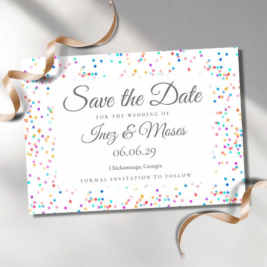 Romantischer Regenbogen Confetti Save the Date Postkarte