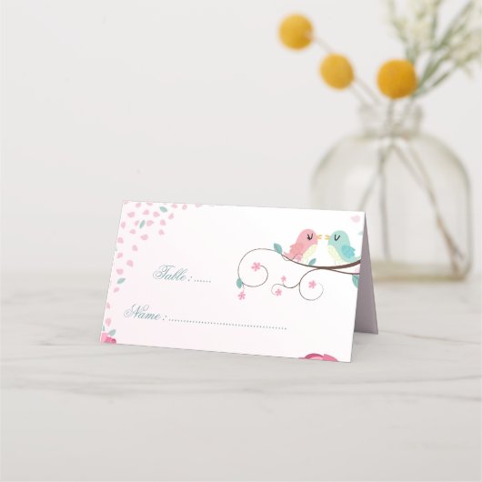Romantischer Rosa & Blau Liebesvogel botanisch Platzkarte (Vorderseite)