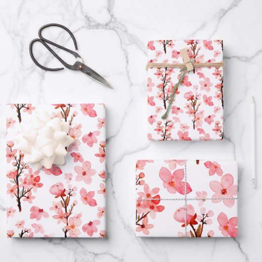 Romantischer rosa Blossom Wasserfarben Geschenkpapier Set (Vorderseite)
