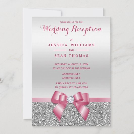 Romantischer rosa Bogen, silberner Glitzer-Empfang Einladung (Vorderseite)