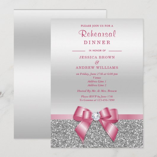 Romantischer rosa Bogen, silbernes Einladung (Vorne/Hinten)