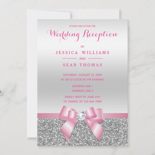 Romantischer Rosa Bow Silver Glitzer Hochzeitsempf Einladung (Vorderseite)