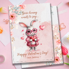 Romantischer rosa Bunny & Hearts Valentinstag Feiertagskarte
