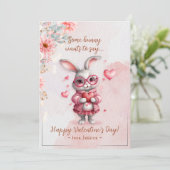 Romantischer rosa Bunny & Hearts Valentinstag Feiertagskarte (Stehend Vorderseite)