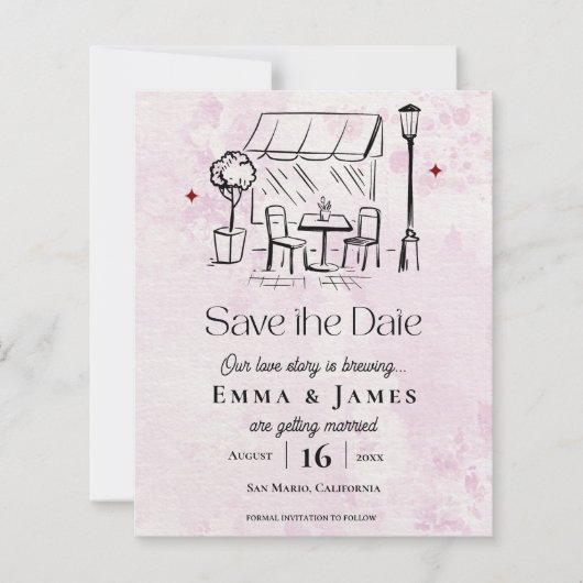Romantischer Rosa Café-Innenhof-Hochzeit Save-the- (Vorderseite)