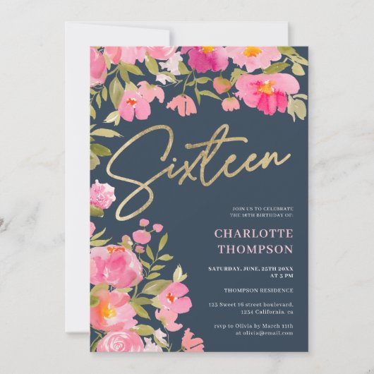 Romantischer, rosa, floralblau Süß 16 Einladung (Vorderseite)