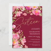 Romantischer, rosa, floralbordeauxrot Süß 16 Einladung (Vorderseite)