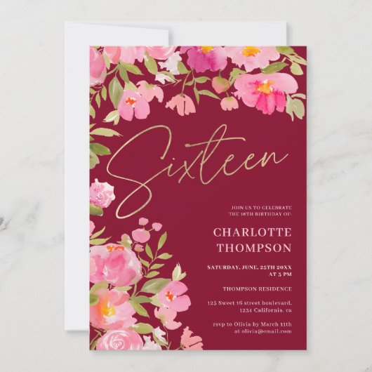 Romantischer, rosa, floralbordeauxrot Süß 16 Einladung (Vorderseite)
