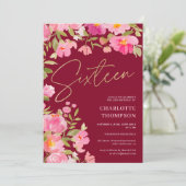 Romantischer, rosa, floralbordeauxrot Süß 16 Einladung (Stehend Vorderseite)