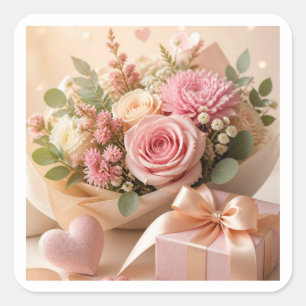 Romantischer rosa floraler Geschenkaufkleber Quadratischer Aufkleber