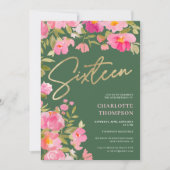 Romantischer, rosa, florgrün Süß 16 Einladung (Vorderseite)