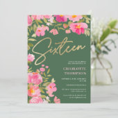 Romantischer, rosa, florgrün Süß 16 Einladung (Stehend Vorderseite)