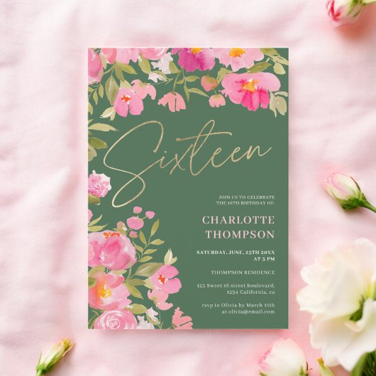 Romantischer, rosa, florgrün Süß 16 Einladung