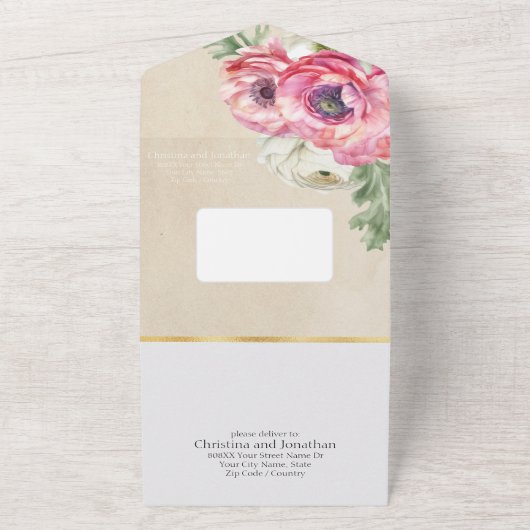 Romantischer rosa Ranunculus auf rustikalem Parchm All In One Einladung (Außenbereich)