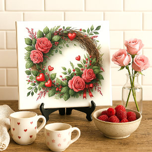 Romantischer rosa Rosenkranz mit roten Herzen Fliese
