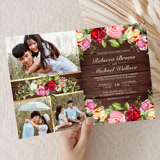 Romantischer Rosa Rote Rosen QR Code Holz Hochzeit Einladung