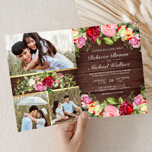 Romantischer Rosa-Roter-Rosen QR-Code Holzhochzeit Einladung