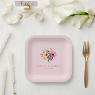 Romantischer rosa Wasserfarben-Blumenstrauß Pappteller