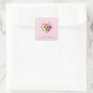 Romantischer rosa Wasserfarben-Blumenstrauß Quadratischer Aufkleber
