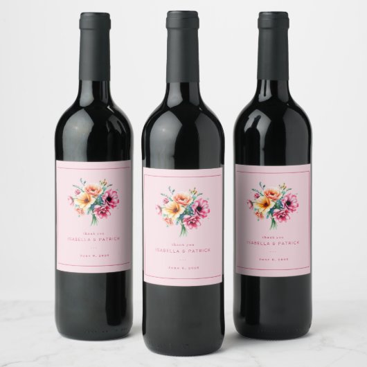 Romantischer rosa Wasserfarben-Blumenstrauß Weinetikett (Flaschen)