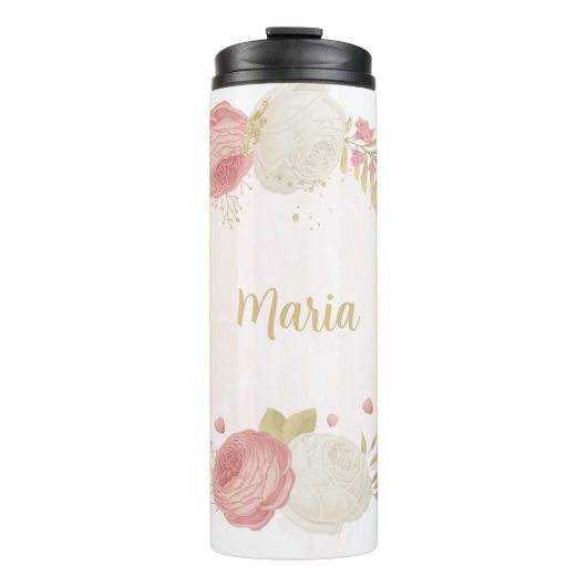 Romantischer Rosa weiß und goldblütig Thermosbecher (Vorderseite)