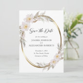 Romantischer rosafarbener, eleganter Foliage Gold Save The Date (Stehend Vorderseite)