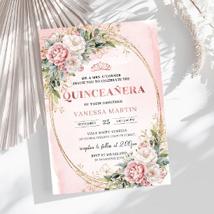 Romantischer Rosé-Blumen-Greenery-Quinceañera Einladung