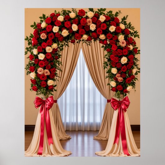 Romantischer Rosen-Hochzeitsbogen mit Satinschleif Poster (Vorne)