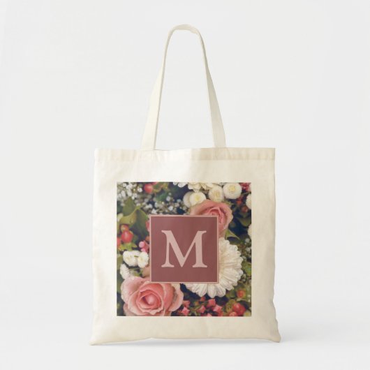 Romantischer Rosenblumenstrauß mit Monogramm Tragetasche (Vorne)
