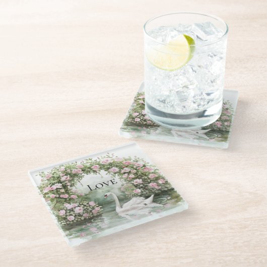 Romantischer Rosengarten Schwanensee Glasuntersetzer (Schrägansicht)