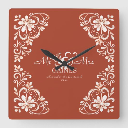 Romantischer Roter Rost Mr. & Mrs. Wedding Wall Cl Quadratische Wanduhr (Vorderseite)