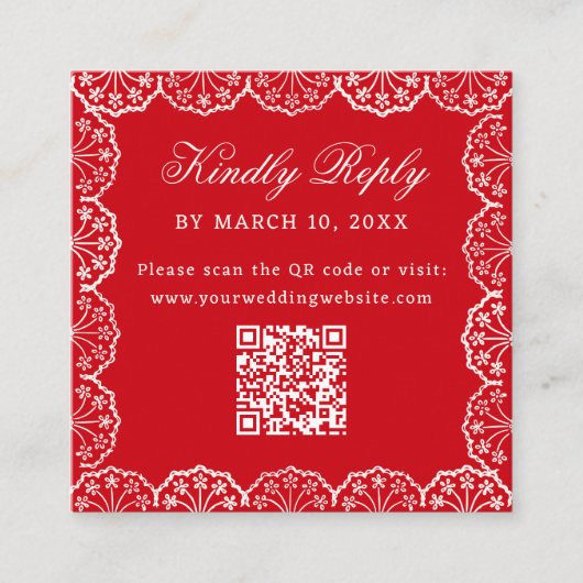 Romantischer roter Vintage-Spitzenrahmen QR-Code H Begleitkarte (Vorderseite)