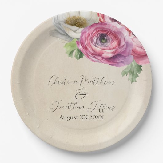 Romantischer Rustikaler Rosa & Weißer Ranunculus Pappteller (Vorderseite)