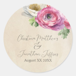 Romantischer Rustikaler Rosa & Weißer Ranunculus Runder Aufkleber