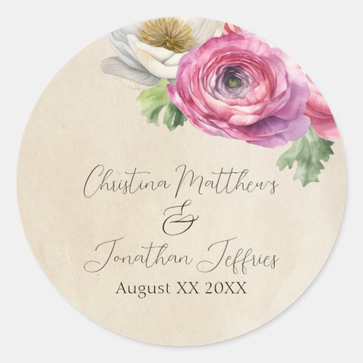 Romantischer Rustikaler Rosa & Weißer Ranunculus Runder Aufkleber (Vorderseite)