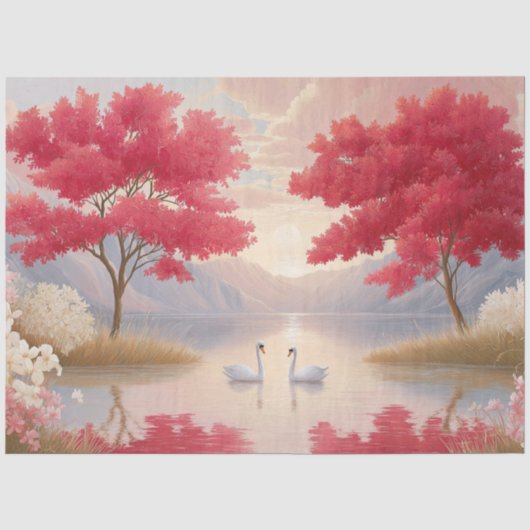 Romantischer Schwanensee Rosa Blütenbäume Decoupag Seidenpapier (Vorderseite)
