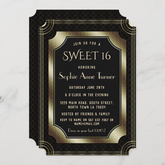 Romantischer Schwarzer Great Gatsby Art Deco 20s S Einladung (Vorne/Hinten)