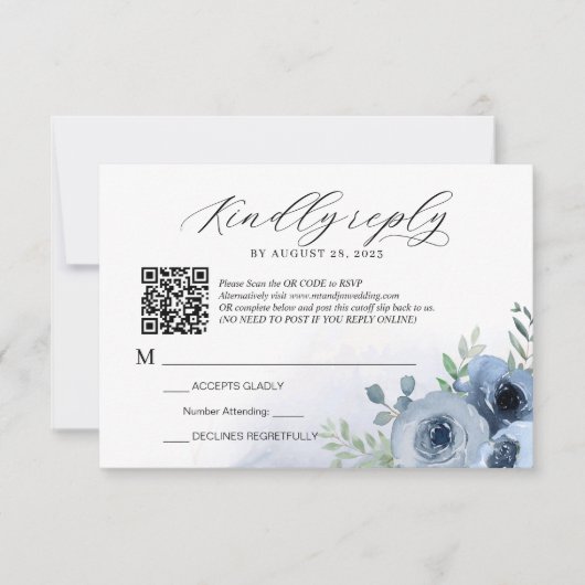 Romantischer Script Dusty Blue Floral QR Code Hoch RSVP Karte (Vorderseite)