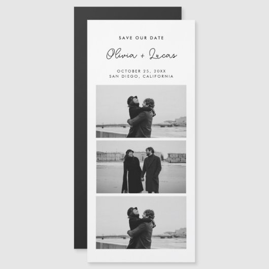 Romantischer Script-Foto Strip Magnetic Wedding Magnetkarte (Vorne/Hinten)